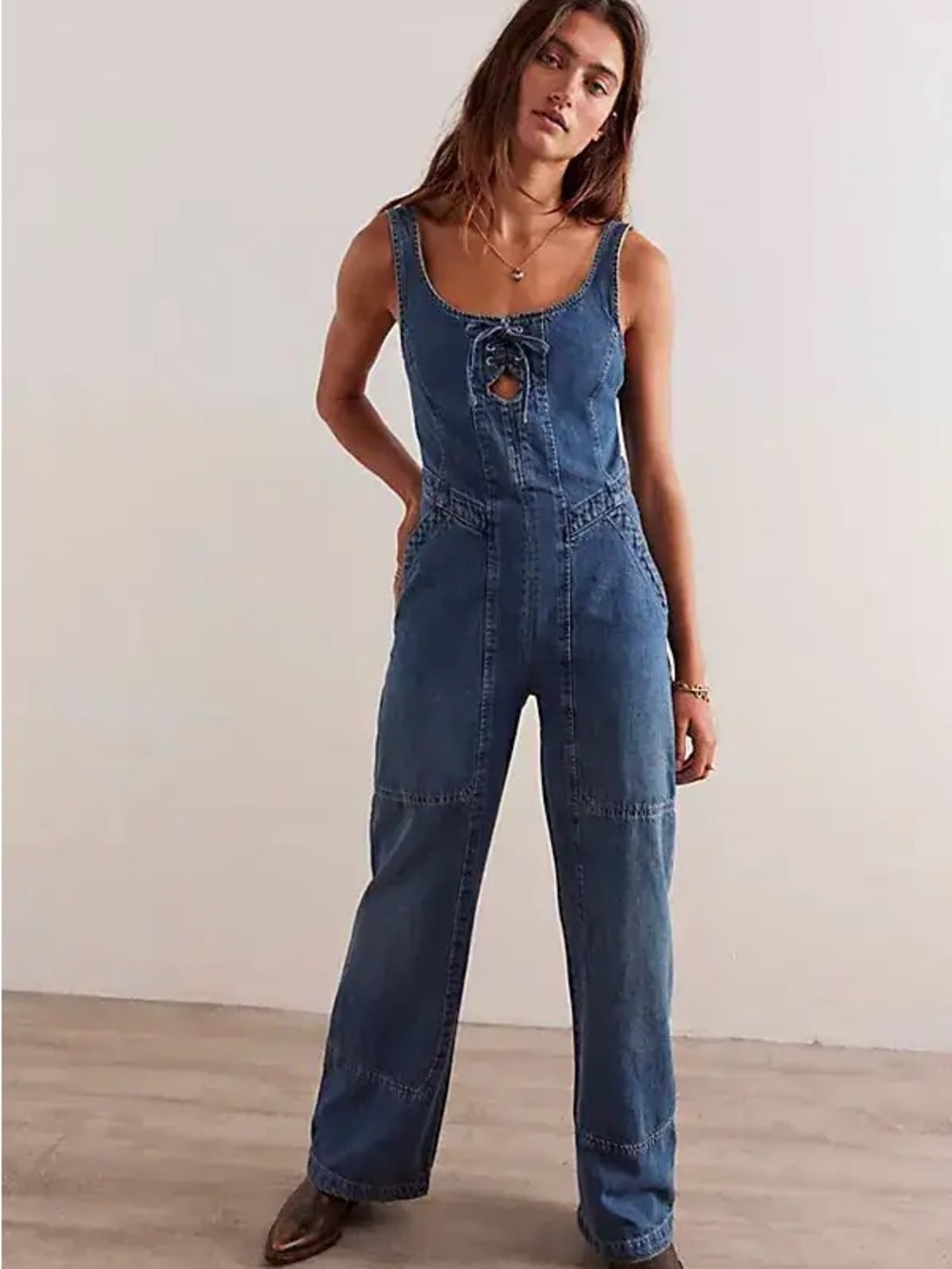 We the Free Amina Wide-Leg Jumpsuit One Piece Size Large Denim Free People